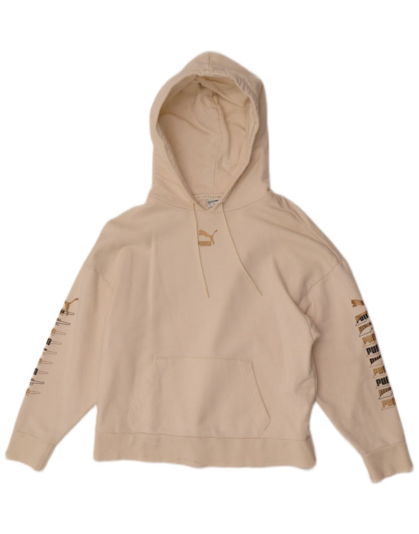 Puma Womens Graphic Hoodie Jumper UK 14 Medium Off White Cotton