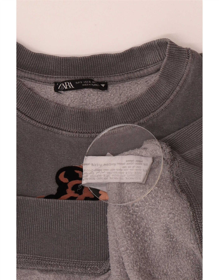 Zara Womens Graphic Oversized Sweatshirt Jumper UK 10 Small Grey Cotton