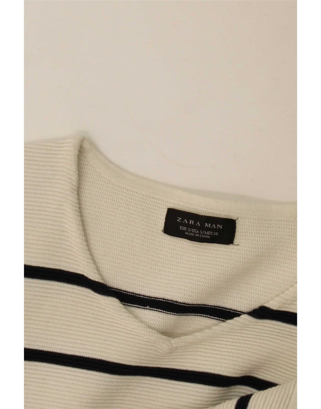 Zara Mens V-Neck Jumper Sweater Small White Striped
