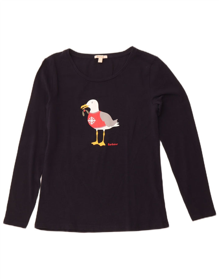 BARBOUR Womens Graphic Top Long Sleeve UK 10 Small Navy Blue Christmas