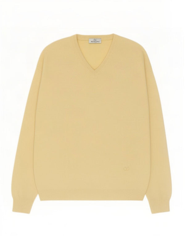 Valentino Mens V-Neck Jumper Sweater XL Yellow Virgin Wool