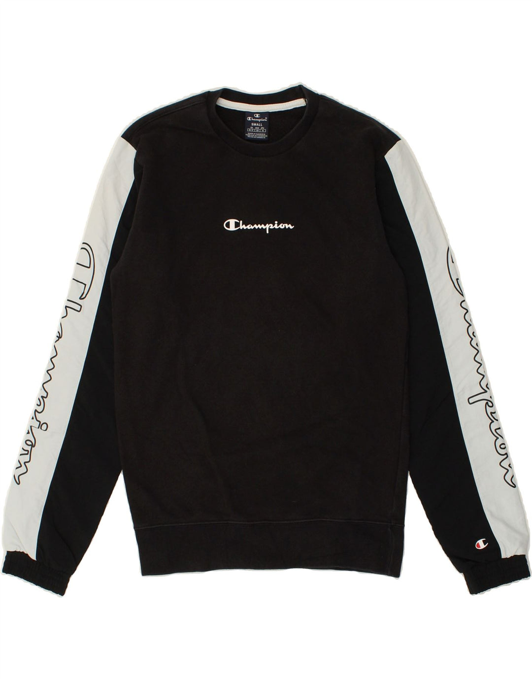 CHAMPION Mens Graphic Sweatshirt Jumper Small Black Colourblock Cotton Vintage Champion and Second-Hand Champion from Messina Hembry 