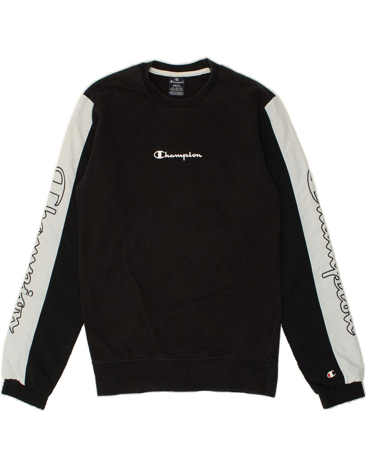 CHAMPION Mens Graphic Sweatshirt Jumper Small Black Colourblock Cotton Vintage Champion and Second-Hand Champion from Messina Hembry 