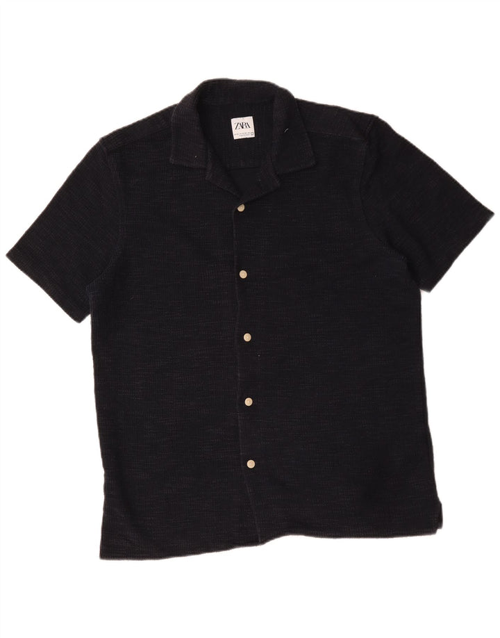 Zara Mens Short Sleeve Flannel Shirt Medium Navy Blue Cotton
