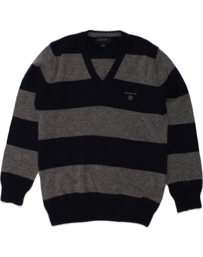 GANT Boys V-Neck Jumper Sweater 7-8 Years Medium  Black Striped Lambswool | Vintage Gant | Thrift | Second-Hand Gant | Used Clothing | Messina Hembry 