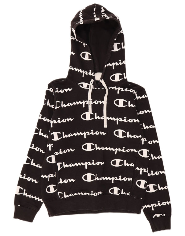 Champion Womens Graphic Hoodie Jumper UK 14 Medium Black Cotton