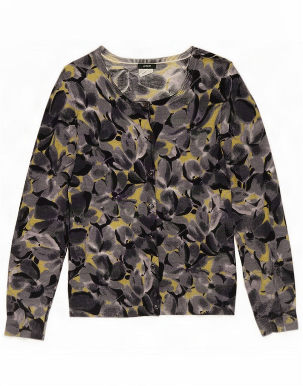 J. Crew Womens Cardigan Sweater UK 12 Medium Grey Floral Merino Wool