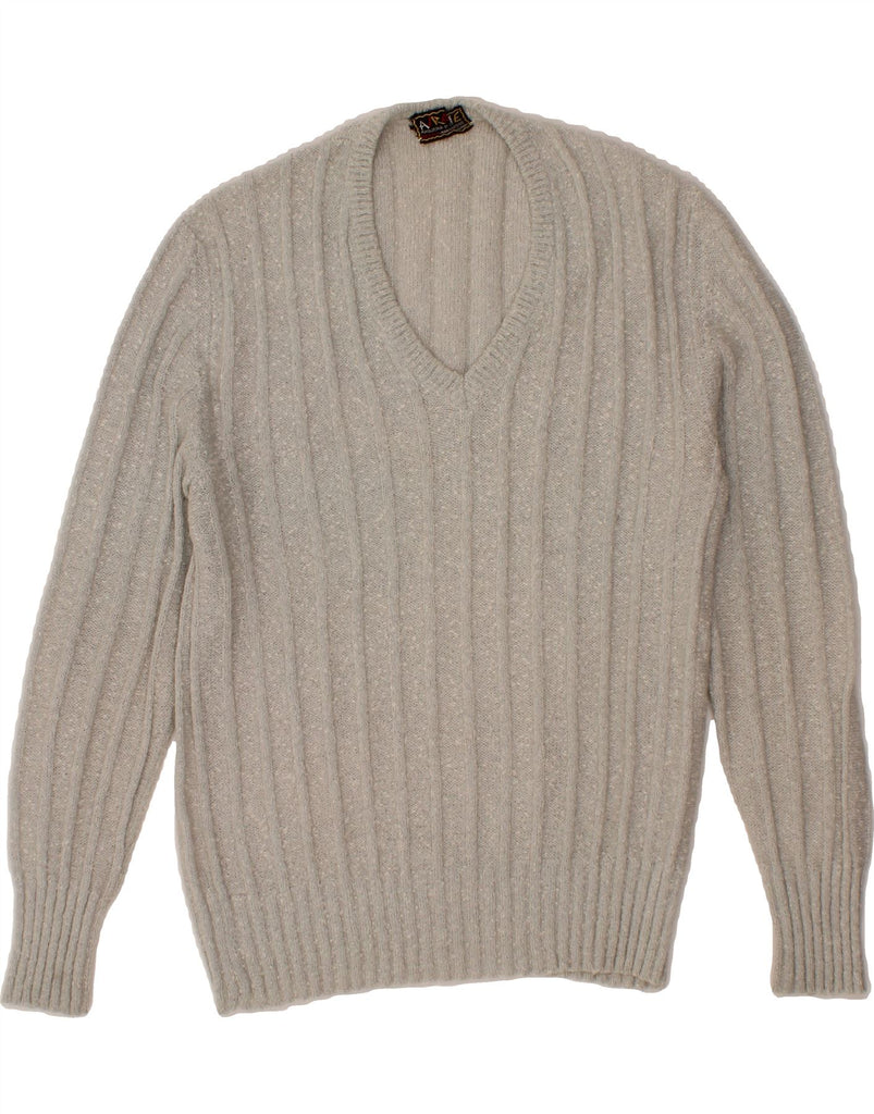 VINTAGE Mens V-Neck Jumper Sweater Medium Grey Flecked Vintage Vintage and Second-Hand Vintage from Messina Hembry 