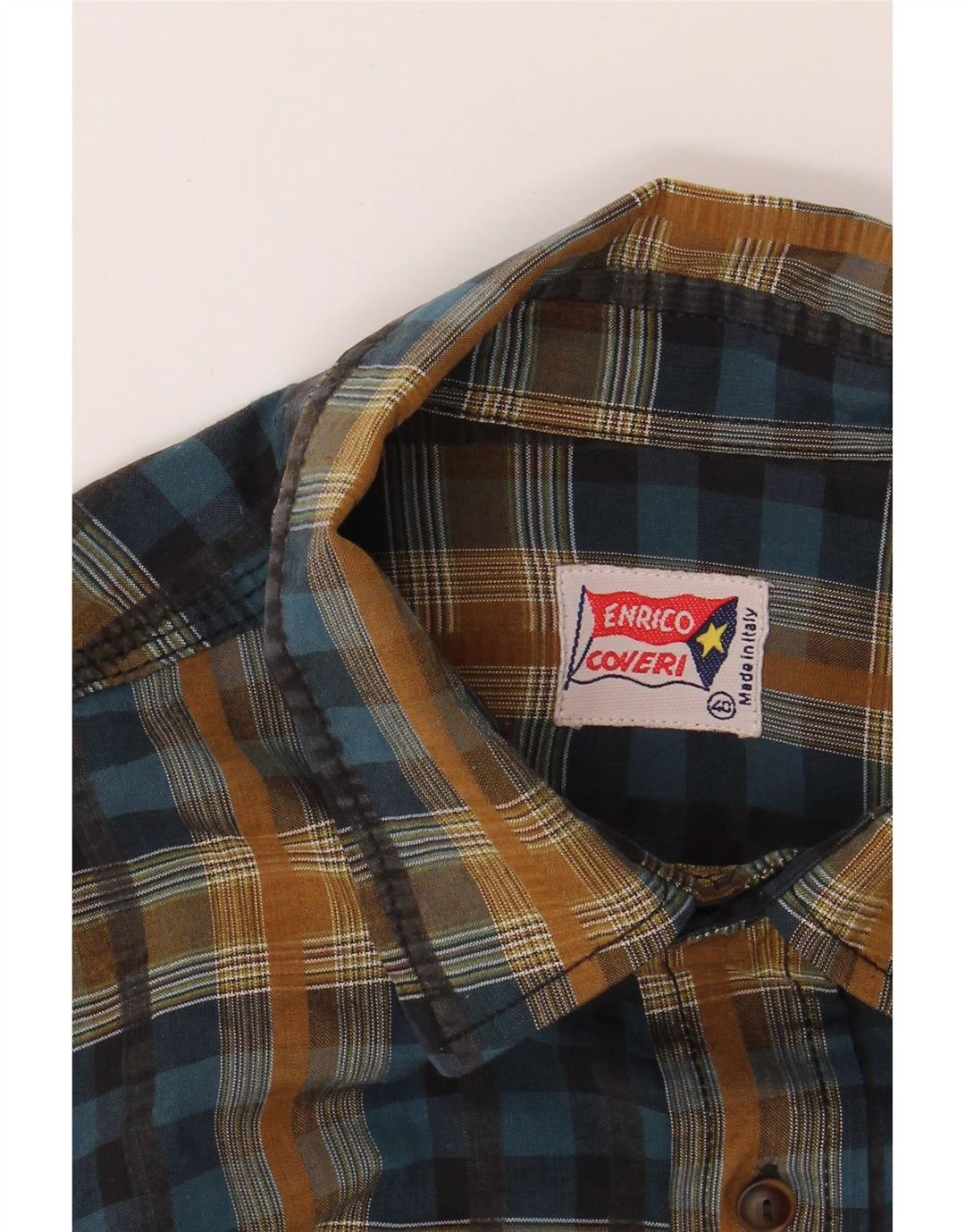 ENRICO COVERI Mens Short Sleeve Shirt Size 40 Medium Blue Check Viscose Vintage Enrico Coveri and Second-Hand Enrico Coveri from Messina Hembry 