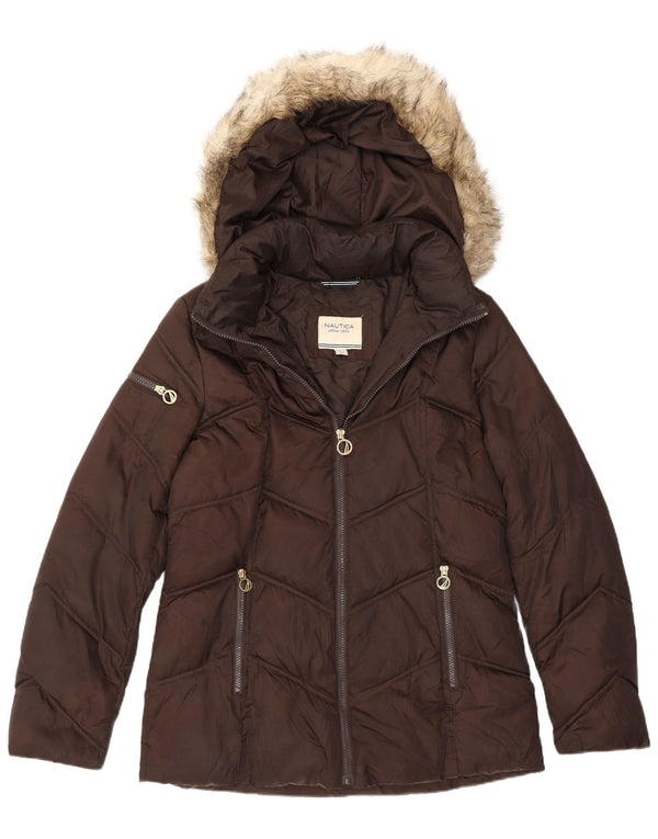 Nautica Womens Hooded Padded Jacket UK 14 Medium Brown Polyester
