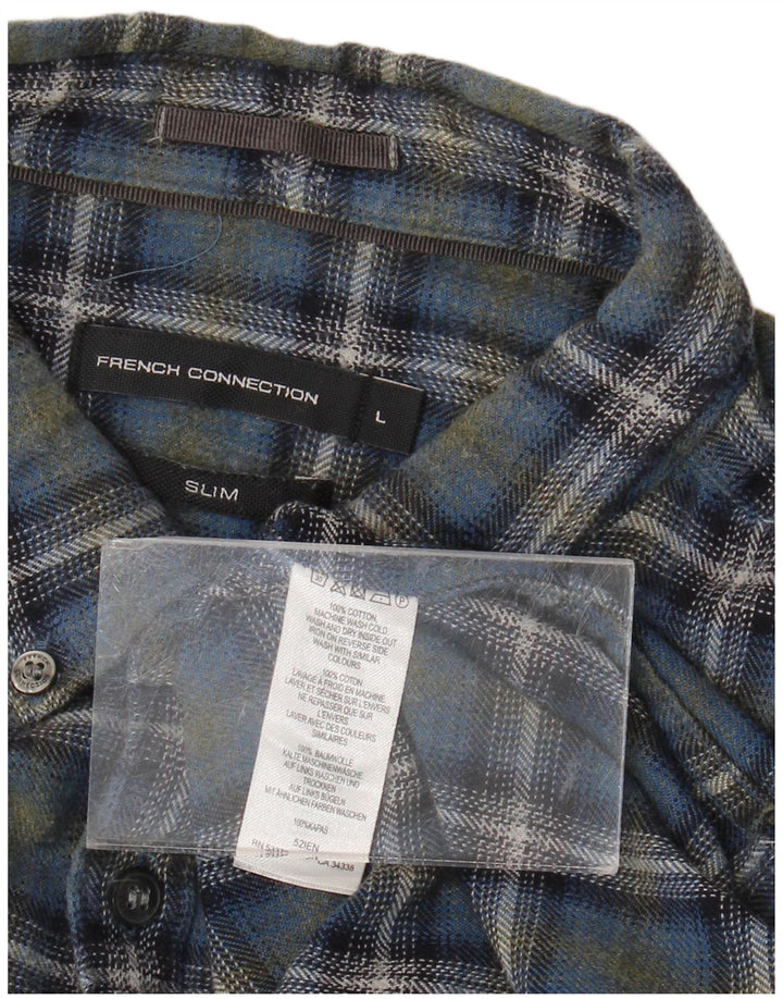 French Connection Mens Slim Flannel Shirt Large Blue Check Cotton