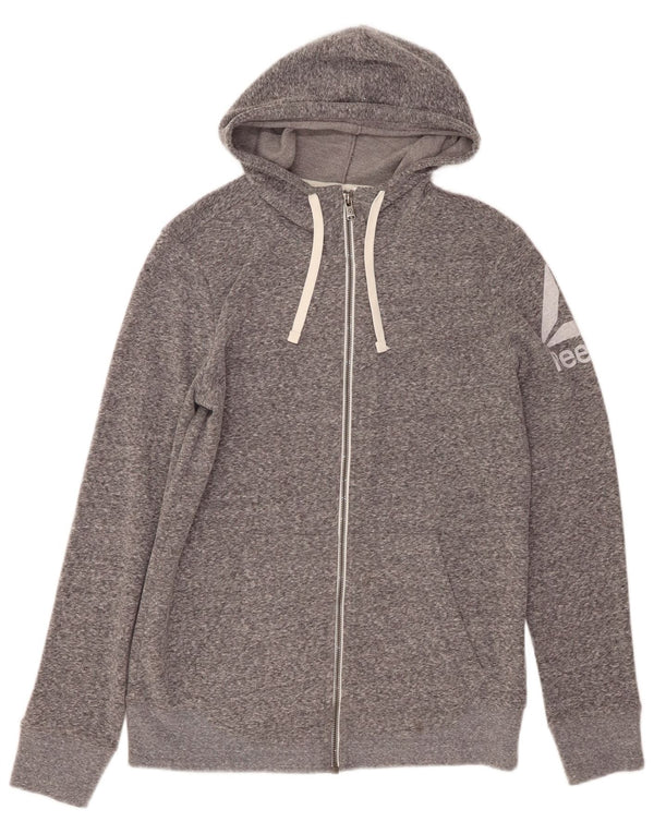 REEBOK Womens Graphic Zip Hoodie Sweater UK 12/14 Medium Grey Flecked