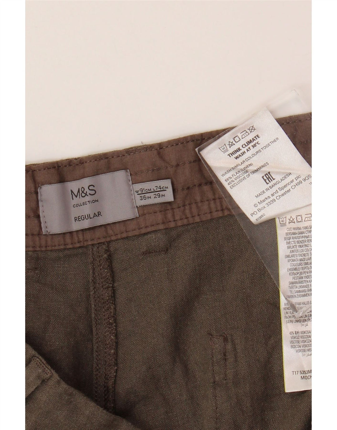 MARKS & SPENCER Mens Regular Fit Chino Trousers W36 L29 Brown Linen
