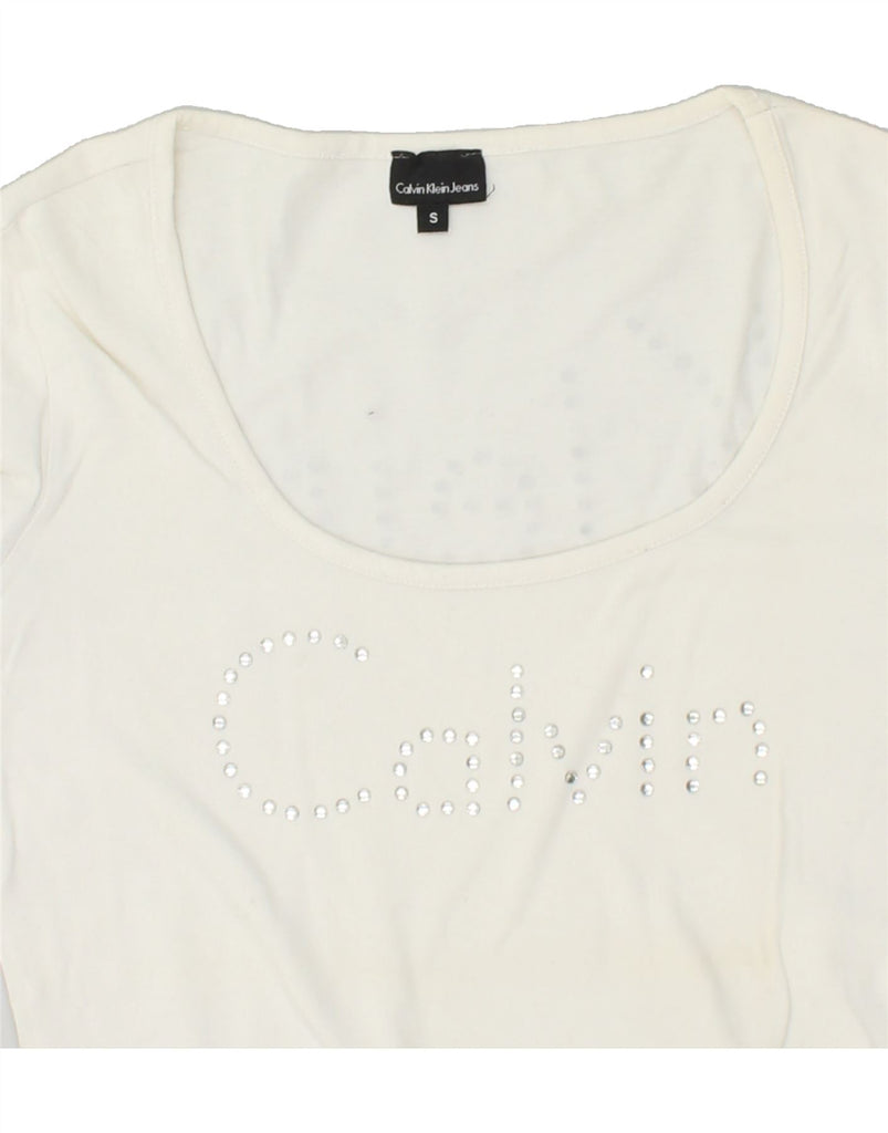 CALVIN KLEIN Womens Graphic Top Long Sleeve UK 10 Small White Vintage Calvin Klein and Second-Hand Calvin Klein from Messina Hembry 