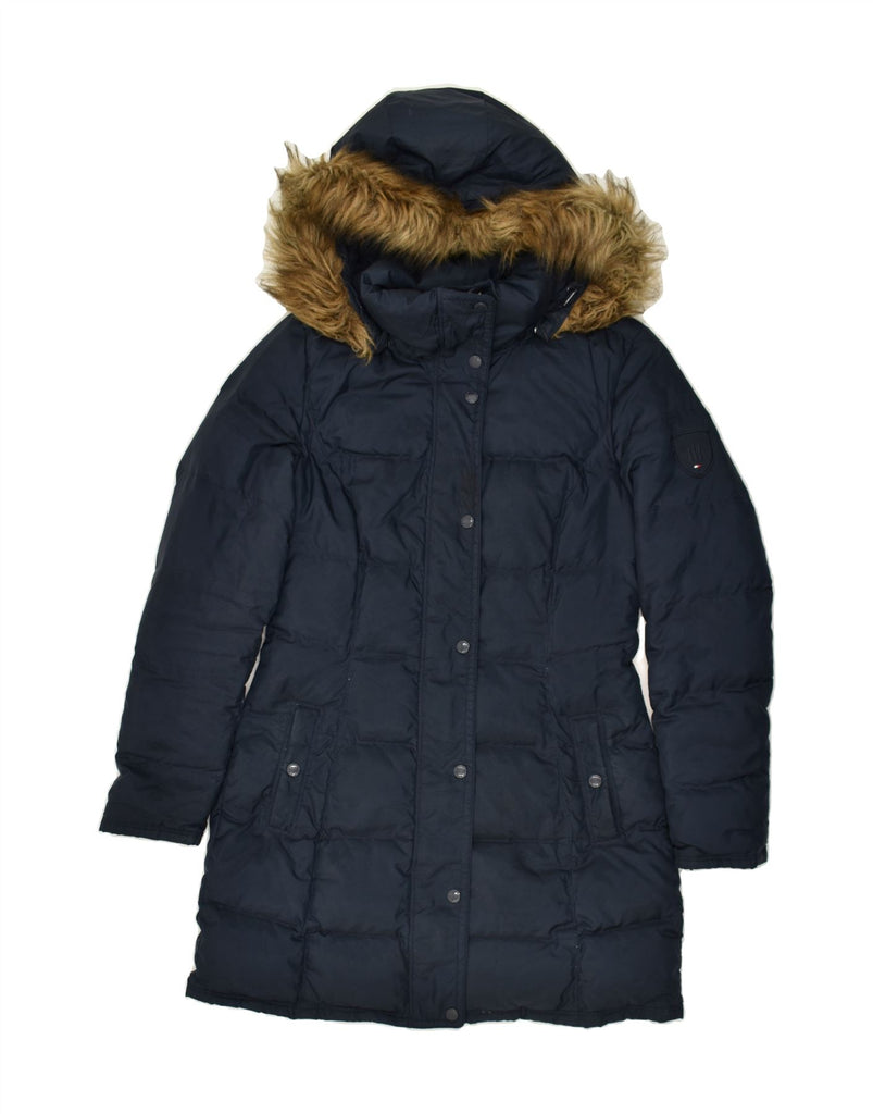 TOMMY HILFIGER Womens Hooded Padded Coat UK 10 Small Navy Blue Polyester | Vintage Tommy Hilfiger | Thrift | Second-Hand Tommy Hilfiger | Used Clothing | Messina Hembry 