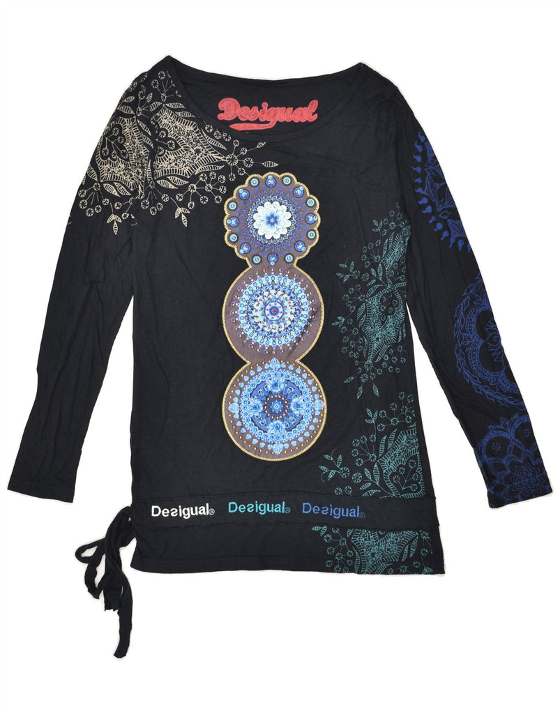 DESIGUAL Womens Graphic Top Long Sleeve UK 12 Medium Navy Blue Floral | Vintage Desigual | Thrift | Second-Hand Desigual | Used Clothing | Messina Hembry 