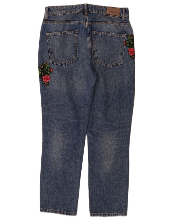 Zara Womens Distressed Straight Jeans EU 36 XS W26 L29 Blue Floral Cotton