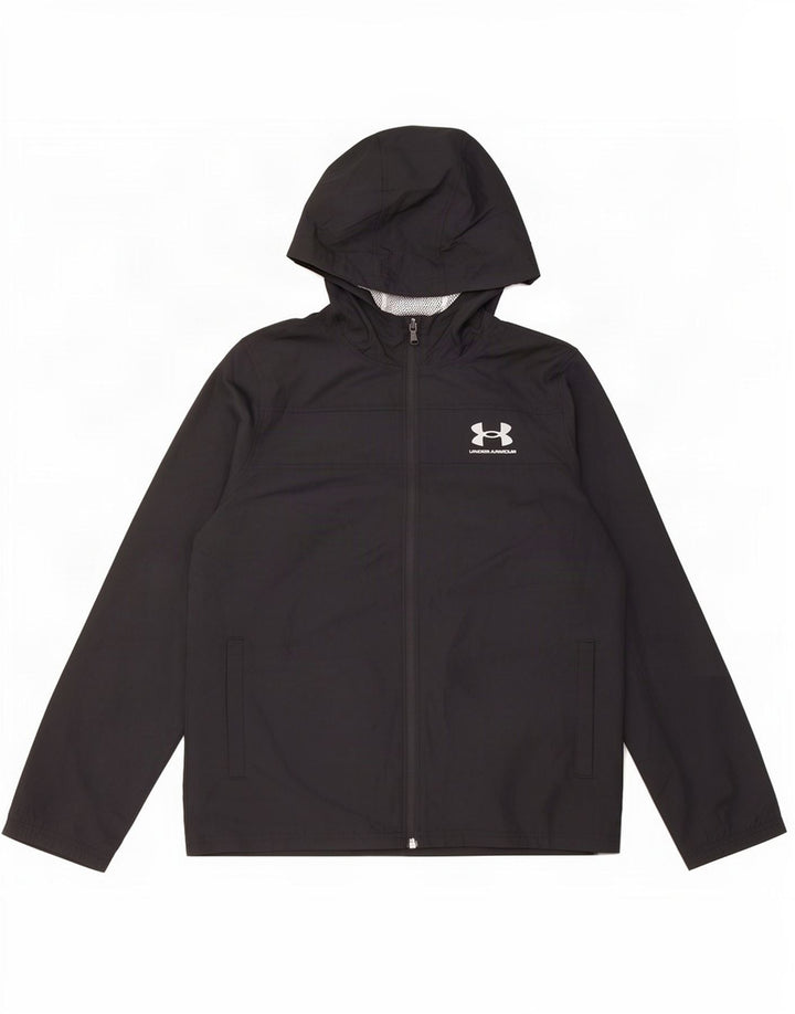 Under Armour Boys Hooded Rain Jacket 11-12 Years Large Black Polyester
