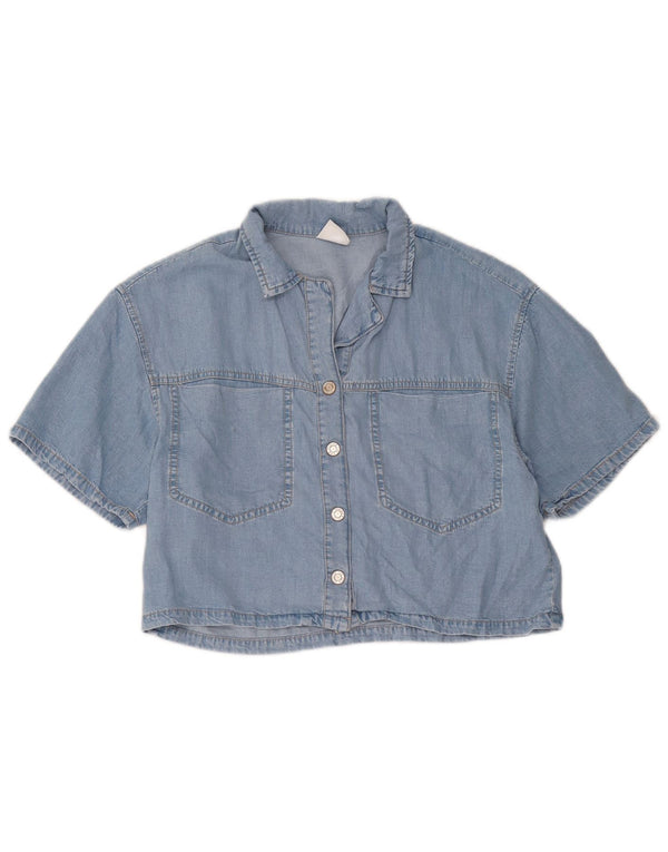 Zara Girls Crop Short Sleeve Denim Shirt 13-14 Years Blue Lyocell