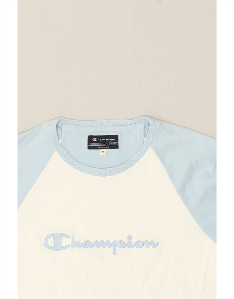 CHAMPION Womens Graphic Top Long Sleeve UK 12 Medium White Colourblock | Vintage Champion | Thrift | Second-Hand Champion | Used Clothing | Messina Hembry 