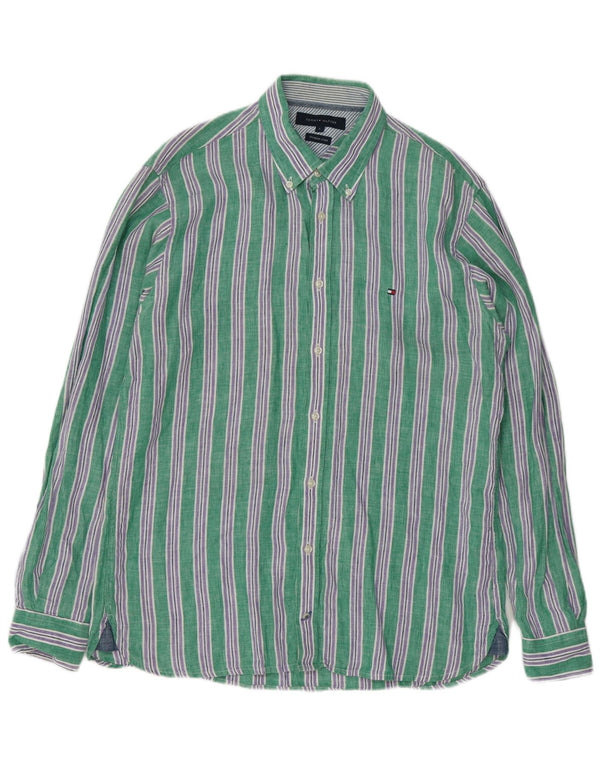 Tommy Hilfiger Mens Shirt Large Green Striped Linen