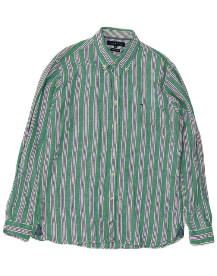 Tommy Hilfiger Mens Shirt Large Green Striped Linen