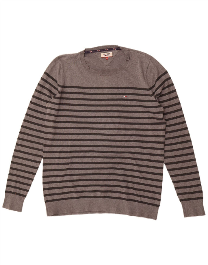 Tommy Hilfiger Mens Crew Neck Jumper Sweater 2XL Grey Striped Cotton