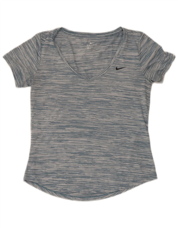Nike Womens Dri Fit Loose Fit T-Shirt Top UK 6 XS Blue Striped Polyester