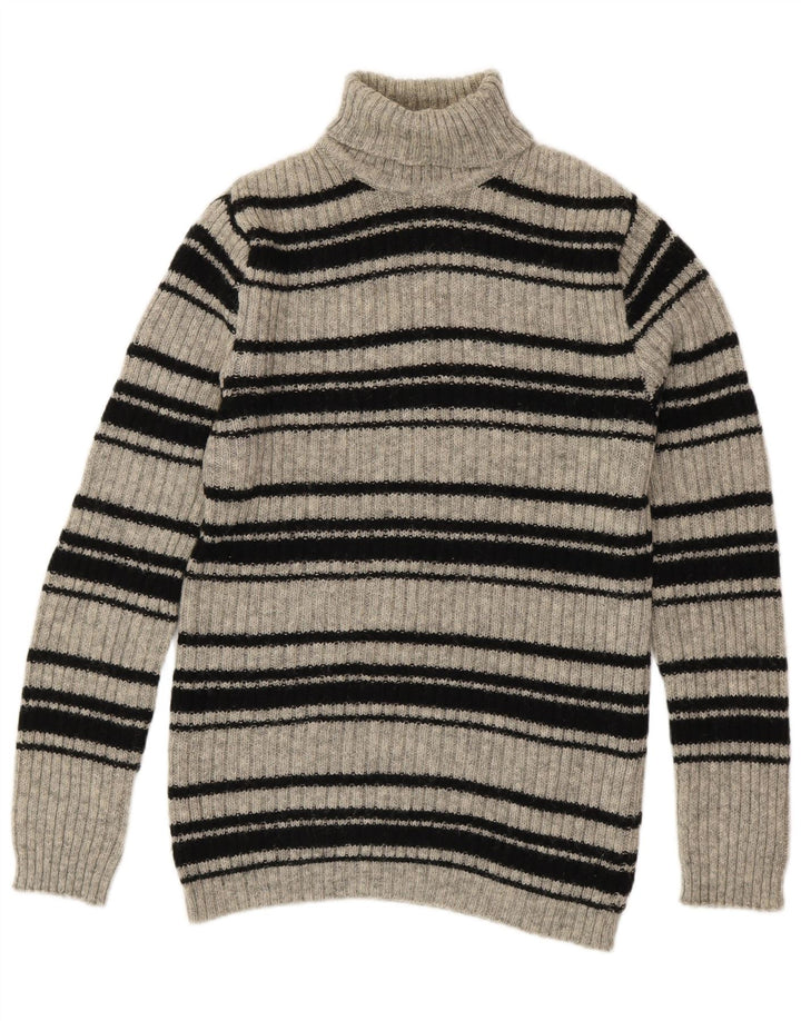 SHETLAND Womens Roll Neck Jumper Sweater UK 16 Large Grey Striped Wool