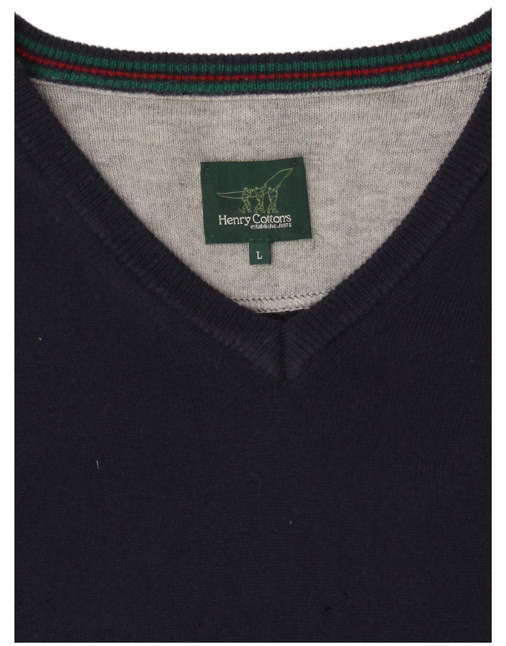 HENRY COTTONS Mens V-Neck Jumper Sweater Large Navy Blue