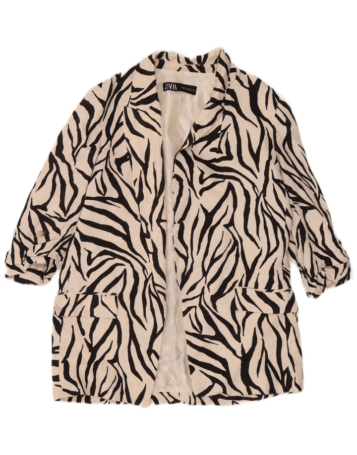 Zara Womens 3/4 Sleeve Open Blazer Jacket UK 14 Medium White Animal Print