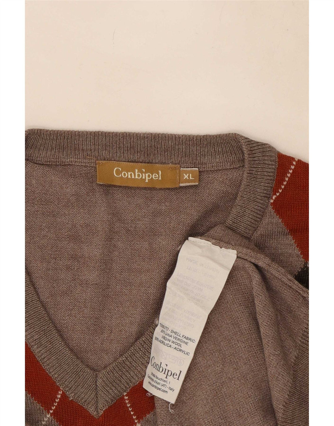 Conbipel Mens V-Neck Jumper Sweater XL Grey Argyle/Diamond Wool