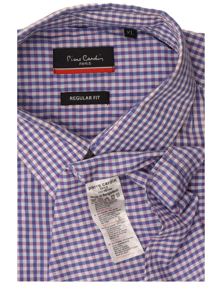 Pierre Cardin Mens Short Sleeve Regular Fit Shirt XL Blue Gingham Polyester