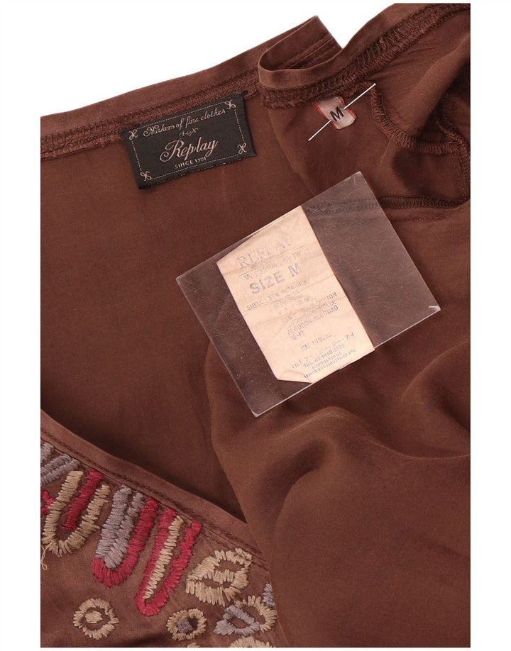 Replay Womens Graphic Long Sleeve A-Line Dress UK 12 Medium Brown Silk