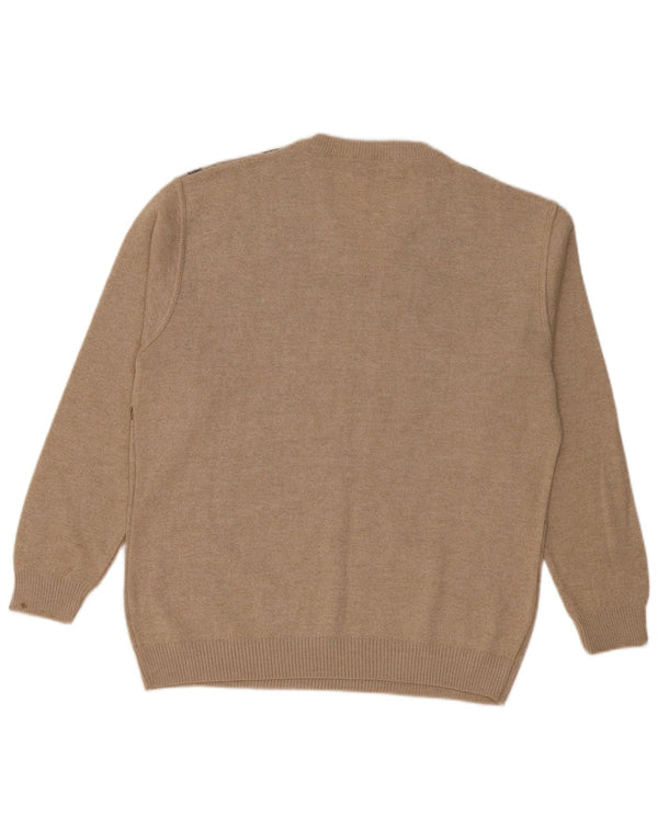 Montecatini Mens V-Neck Jumper Sweater XL Beige Geometric Merino Wool