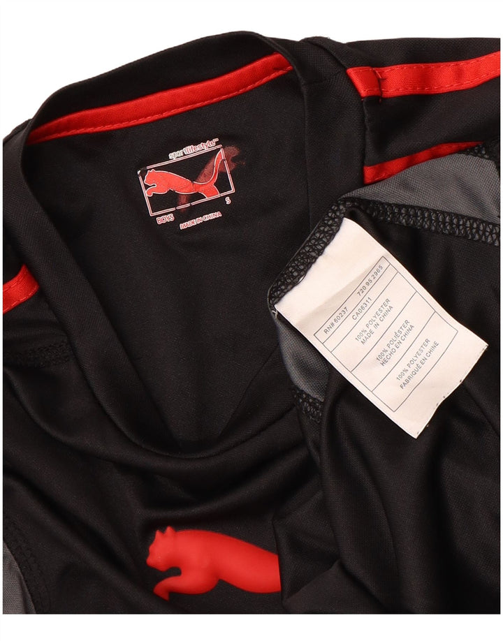 PUMA Boys Graphic Top Long Sleeve 7-8 Years Small Black Colourblock