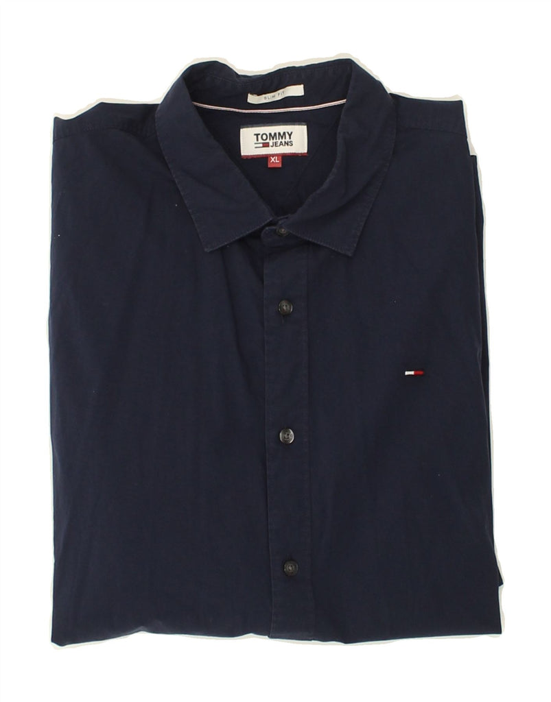 TOMMY HILFIGER Mens Slim Fit Shirt XL Navy Blue Cotton | Vintage Tommy Hilfiger | Thrift | Second-Hand Tommy Hilfiger | Used Clothing | Messina Hembry 