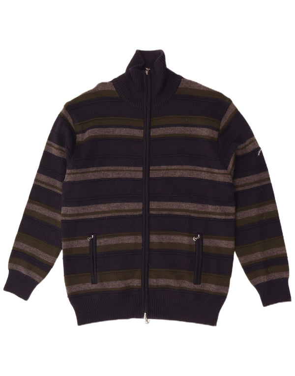 Vintage Mens Cardigan Sweater 2XL Navy Blue Striped Merino Wool