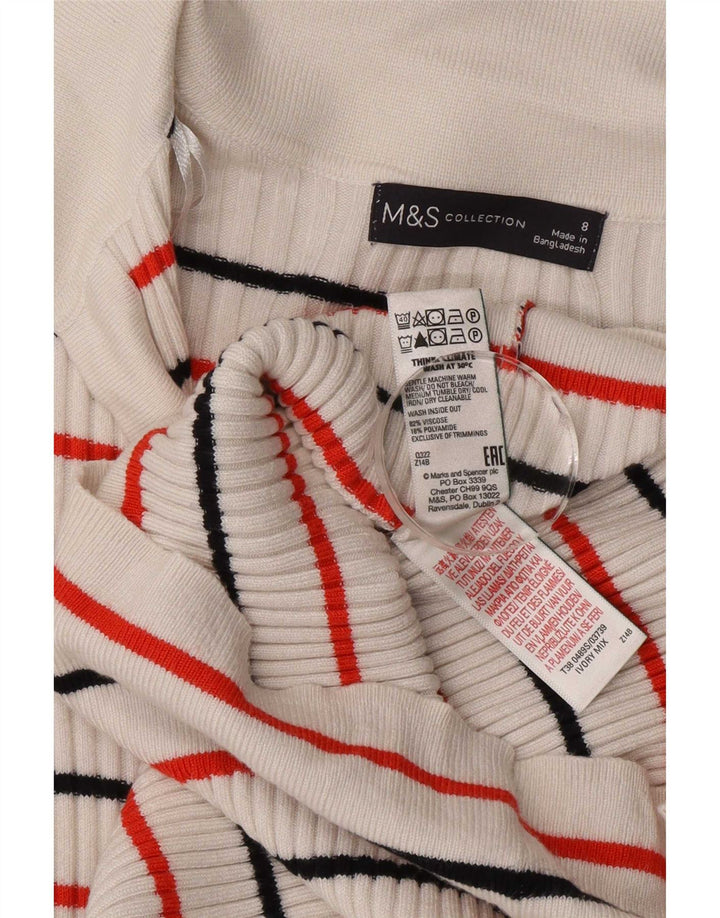 Marks & Spencer Womens Long Sleeve Polo Shirt UK 8 Small White Striped