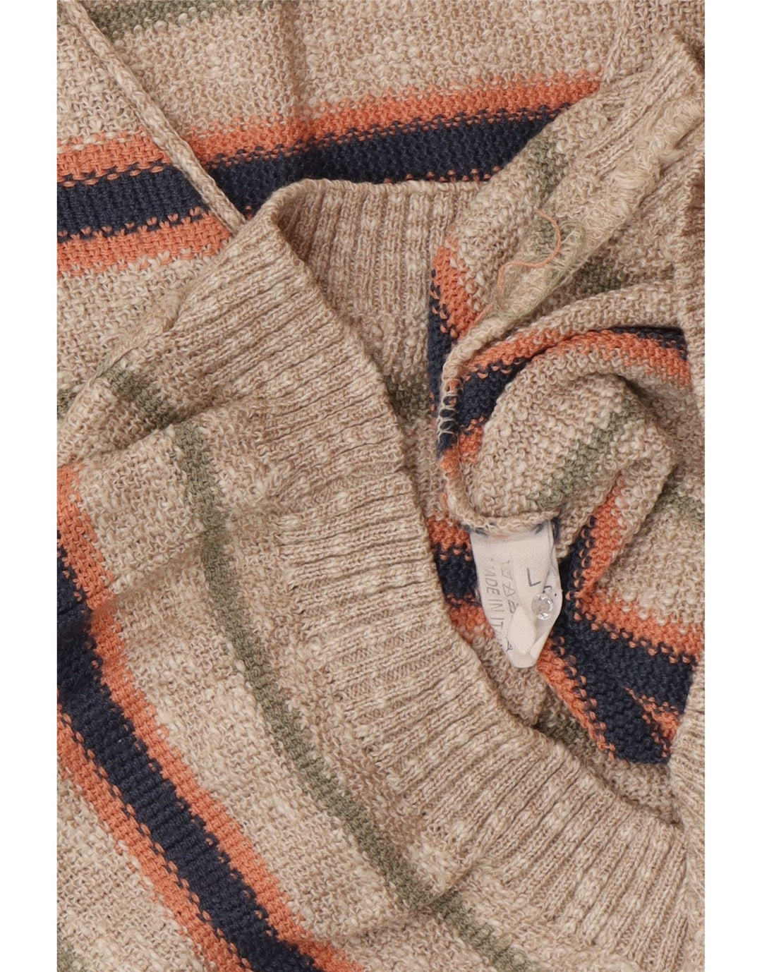 Vintage Mens Sleeveless Cardigan Sweater Large Beige Striped Cotton