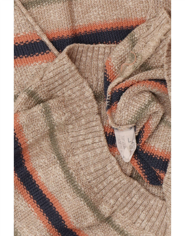 Vintage Mens Sleeveless Cardigan Sweater Large Beige Striped Cotton