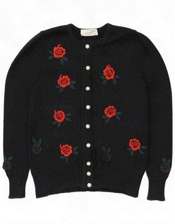 Vintage Womens Cardigan Sweater UK 16 Large Black Floral