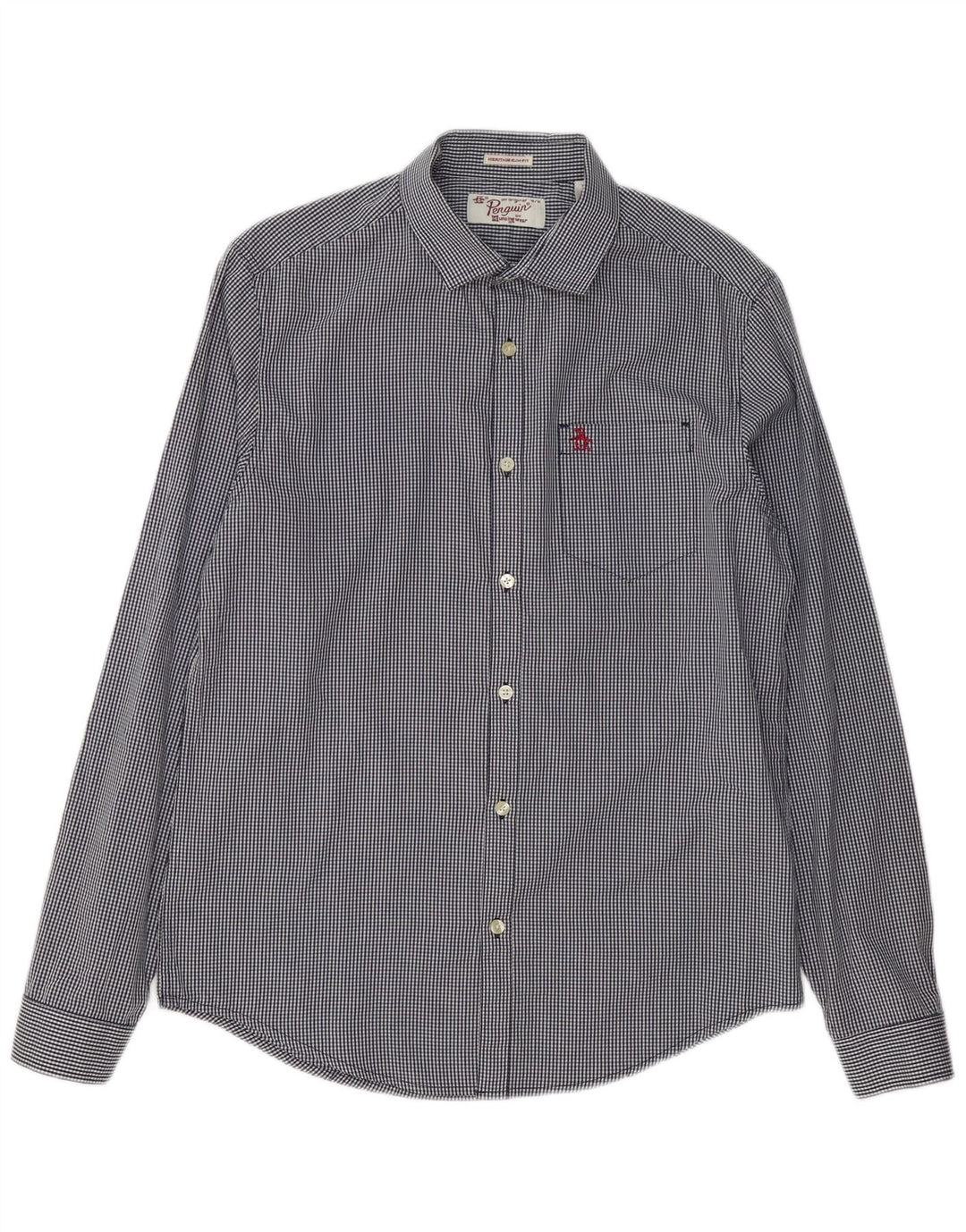 Penguin Mens Heritage Slim Fit Shirt Medium Navy Blue Gingham Cotton