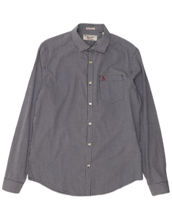Penguin Mens Heritage Slim Fit Shirt Medium Navy Blue Gingham Cotton