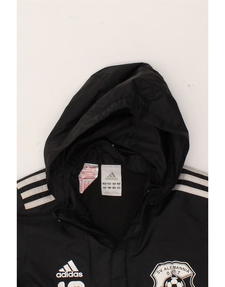 ADIDAS Boys Graphic Hooded Rain Jacket 9-10 Years Black Vintage Adidas and Second-Hand Adidas from Messina Hembry 