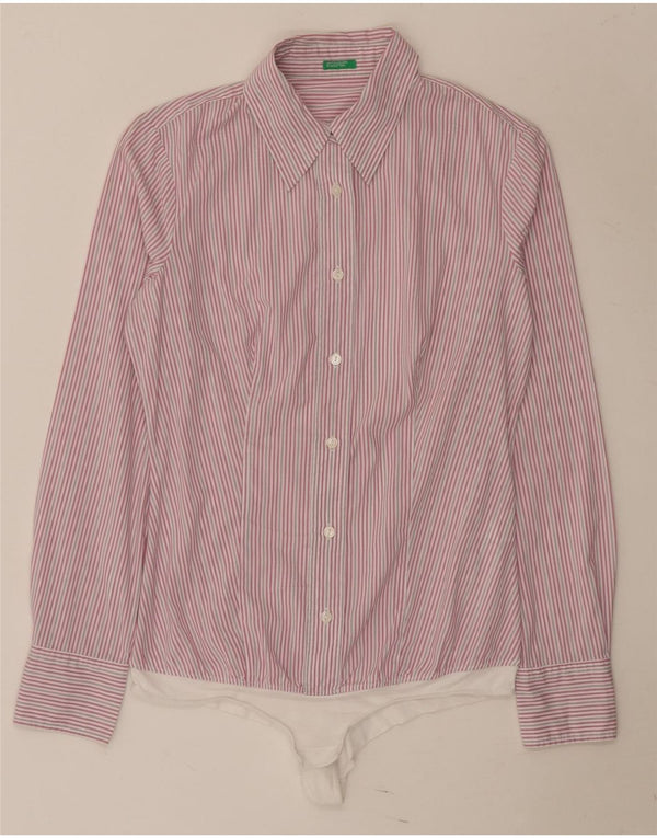 Benetton Womens Shirt Bodysuit UK 12 Medium Pink Pinstripe Cotton