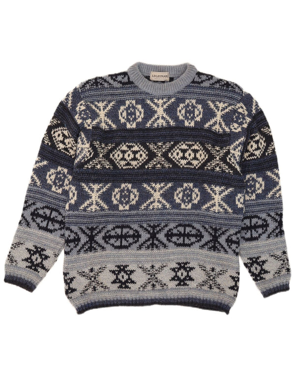 Vintage Mens Crew Neck Jumper Sweater IT 48 Medium Blue Fair Isle Wool