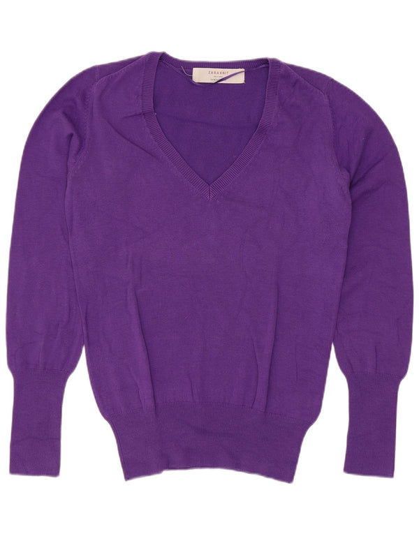 Zara Womens V-Neck Jumper Sweater UK 12 Medium Purple Cotton