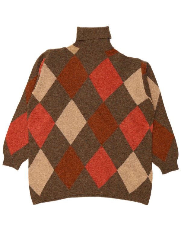 Vintage Womens Roll Neck Jumper Sweater UK 18 XL Brown Argyle/Diamond