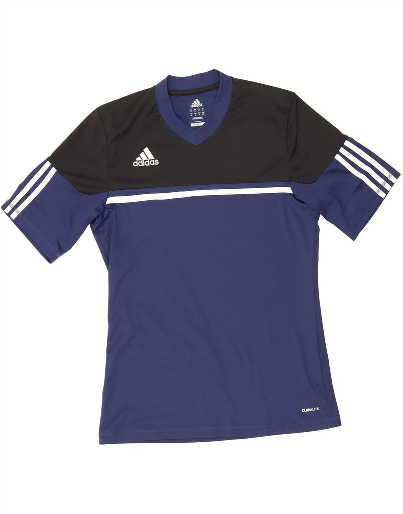 ADIDAS Mens Climalite Graphic T-Shirt Top Medium Navy Blue Colourblock Vintage Adidas and Second-Hand Adidas from Messina Hembry 